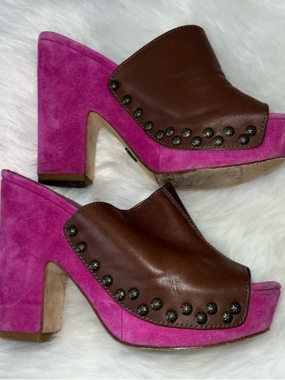 NINA Walnut Brown Leather & Fuchsia Suede Studded Platform Slides. SKY-HIGH
